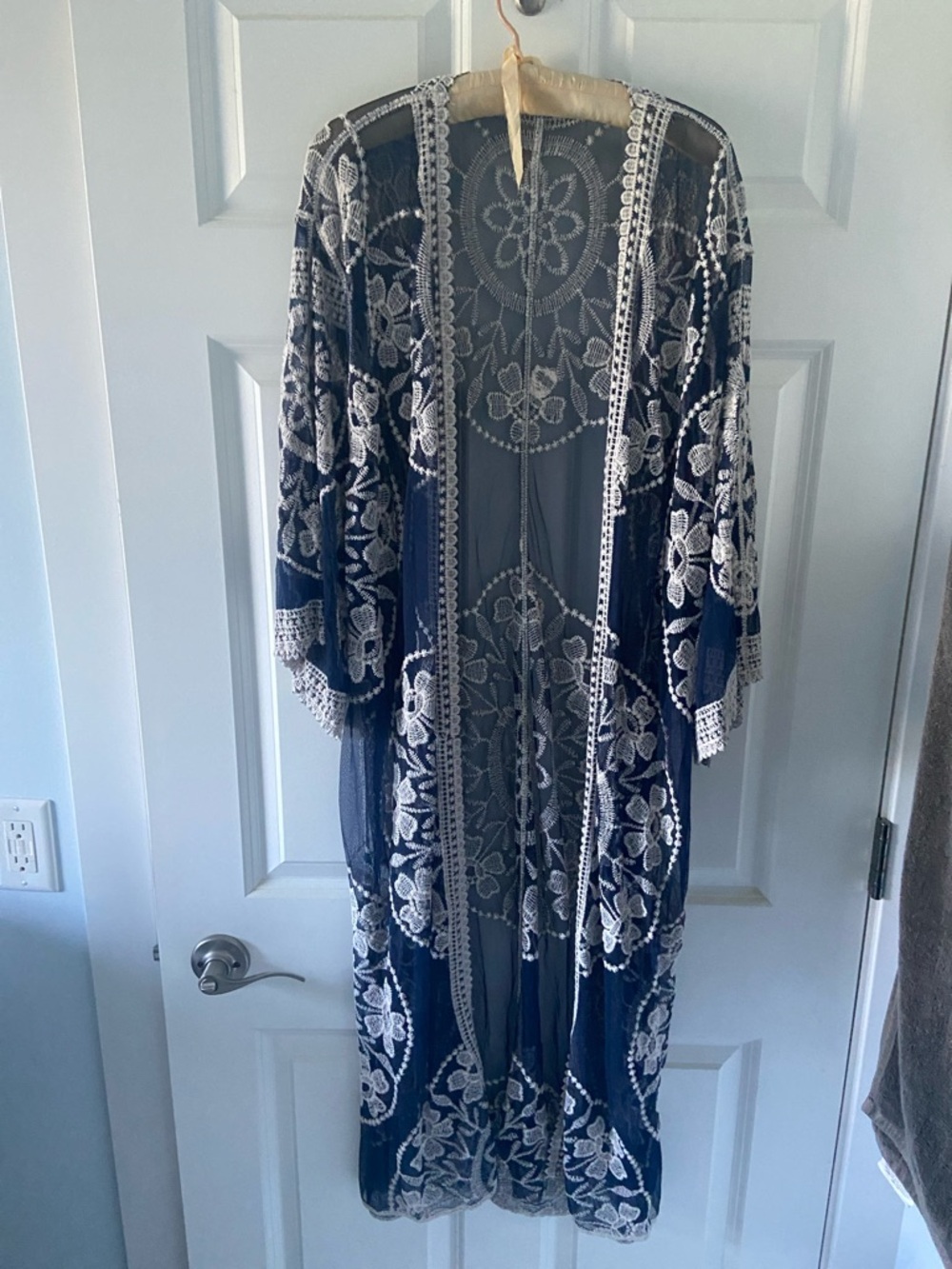Sheer Navy and White Embroidered Lace Kimono - Brand Unknown